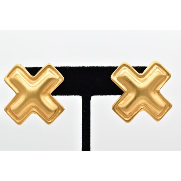 Anne Klein Vintage X Clip Earrings Brushed Gold Matte Satin Chunky Signed BinBF - Picture 1 of 12